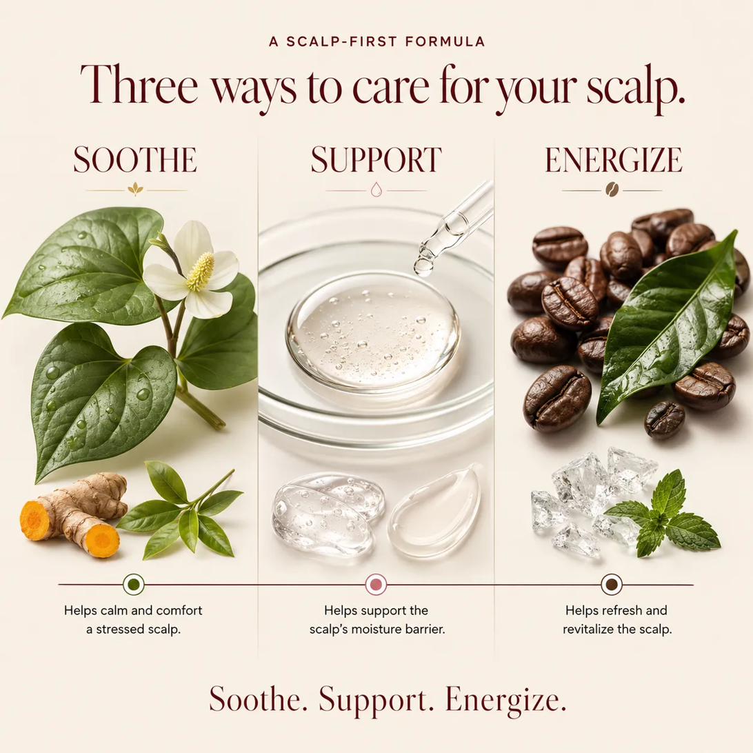 Lumynea RootShift benefits triptych: soothe with heartleaf, support with a serum drop, energize with coffee and menthol