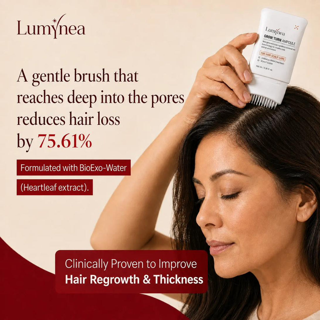 Lumynea RootShift scalp ampoule applied by a woman on her scalp, with the heartleaf BioExo-Water benefit shown alongside
