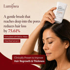 Lumynea RootShift scalp ampoule applied by a woman on her scalp, with the heartleaf BioExo-Water benefit shown alongside