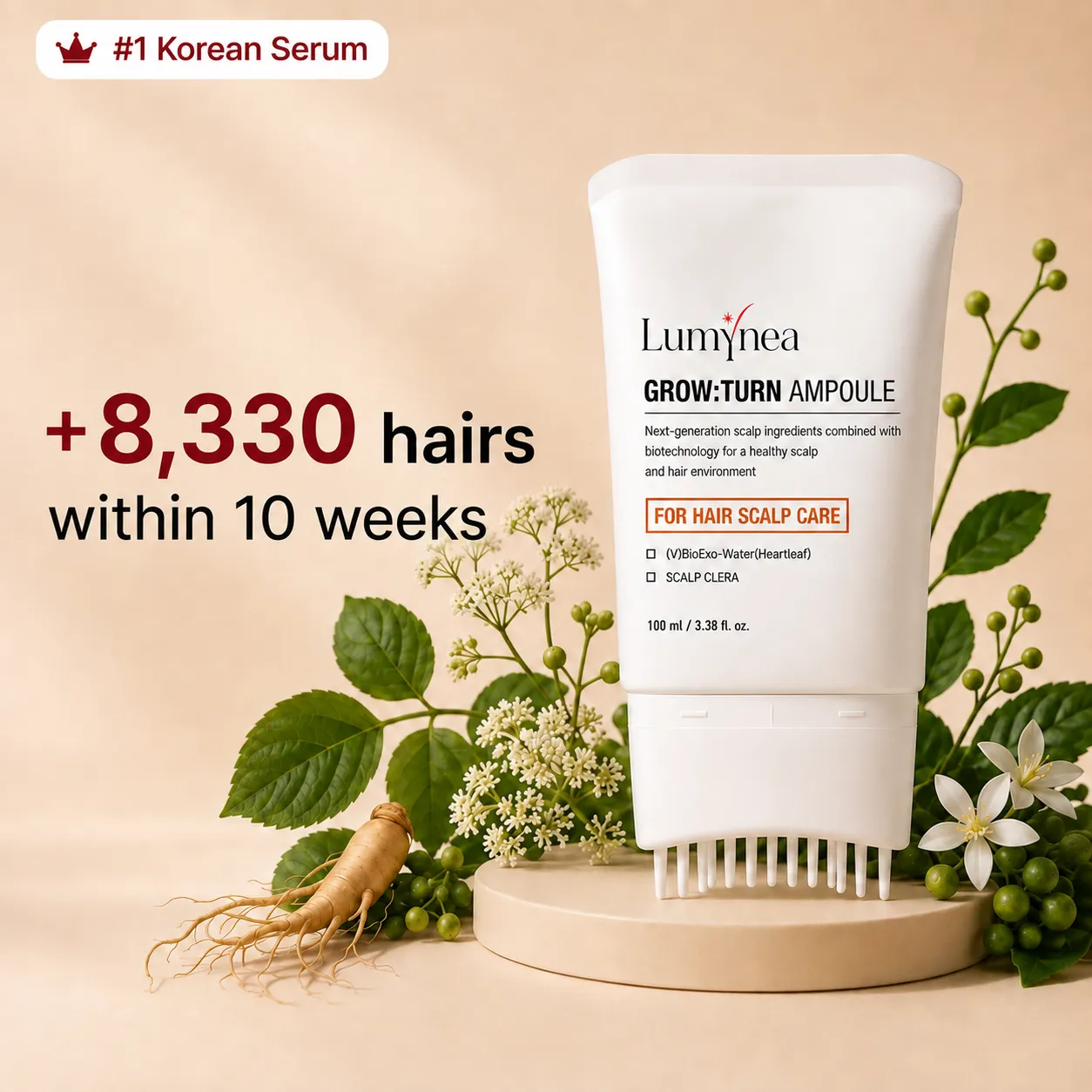 Lumynea RootShift scalp ampoule packshot with heartleaf and ginseng, Korean serum badge shown above the tube