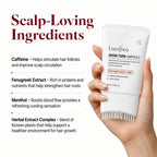 Lumynea RootShift scalp-loving ingredients: caffeine, menthol and Korean herbal complex, held by a woman's hand