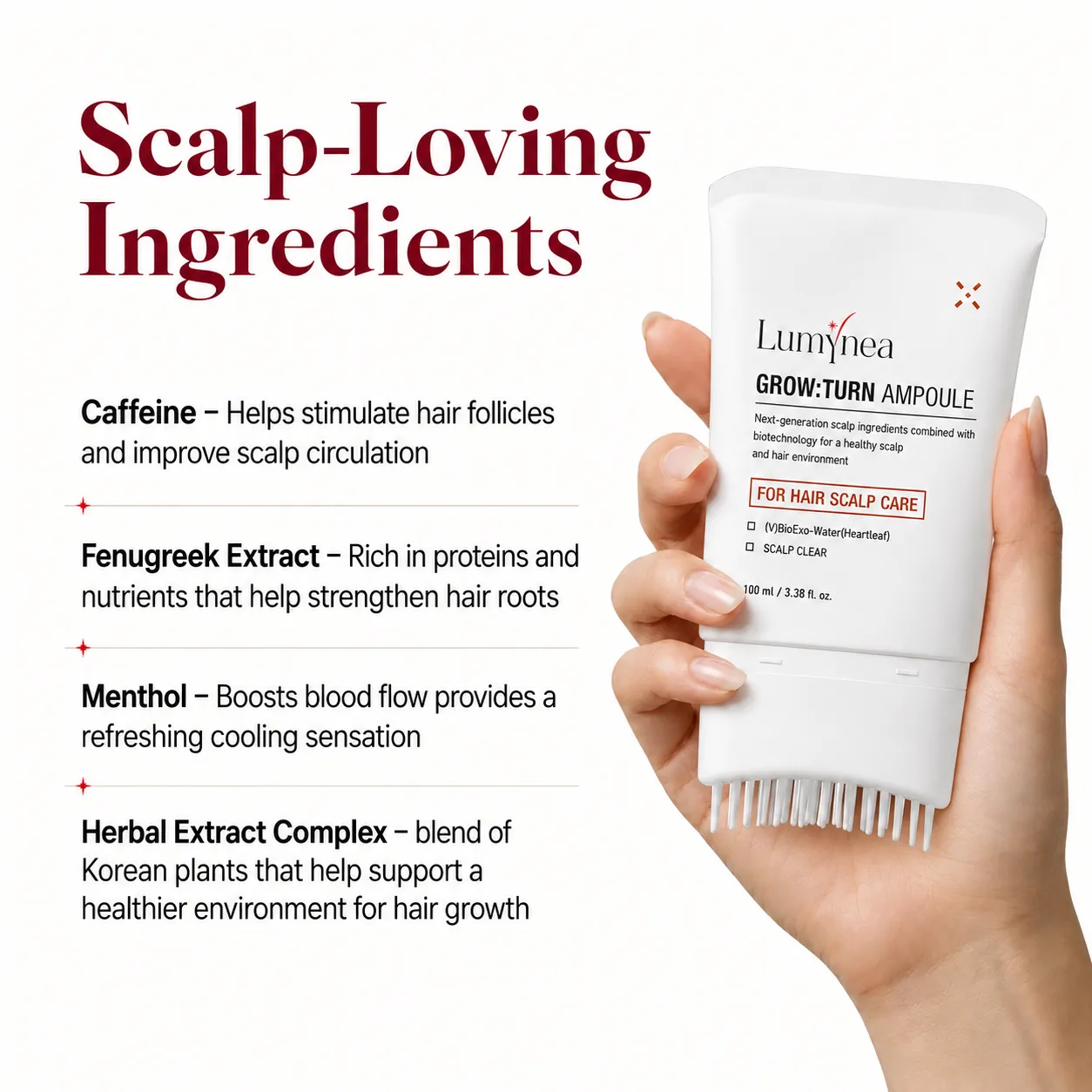 Lumynea RootShift scalp-loving ingredients: caffeine, menthol and Korean herbal complex, held by a woman's hand