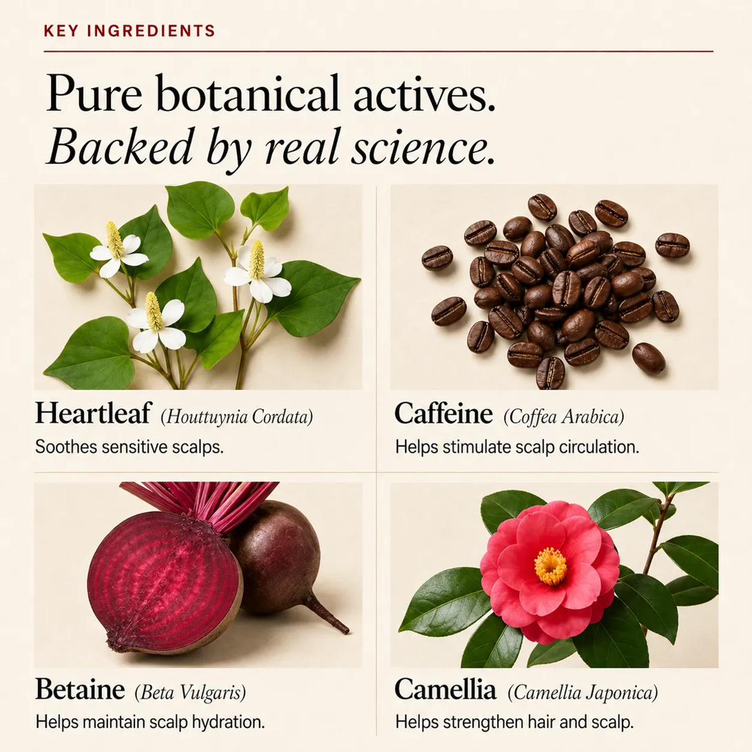 Lumynea RootShift key actives: heartleaf, caffeine, betaine and camellia japonica shown as botanical ingredients